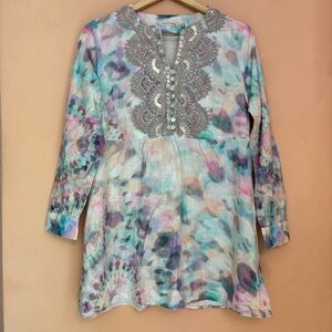 Soft Surroundings M Bazille Sequin Beaded Tie Dye Tunic Long Sleeve Boho Hippie